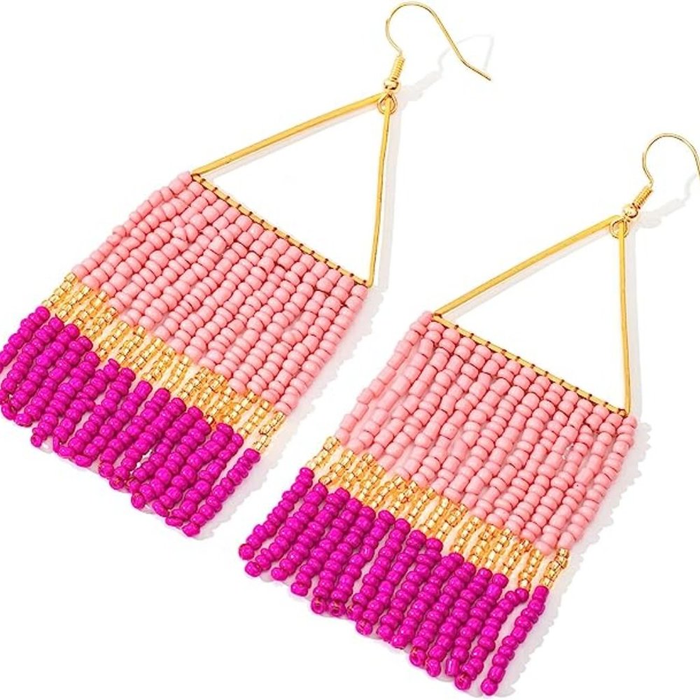 Long 4" Triangle Pink and Gold Beaded Festival Fringe Earrings Big Geometric New